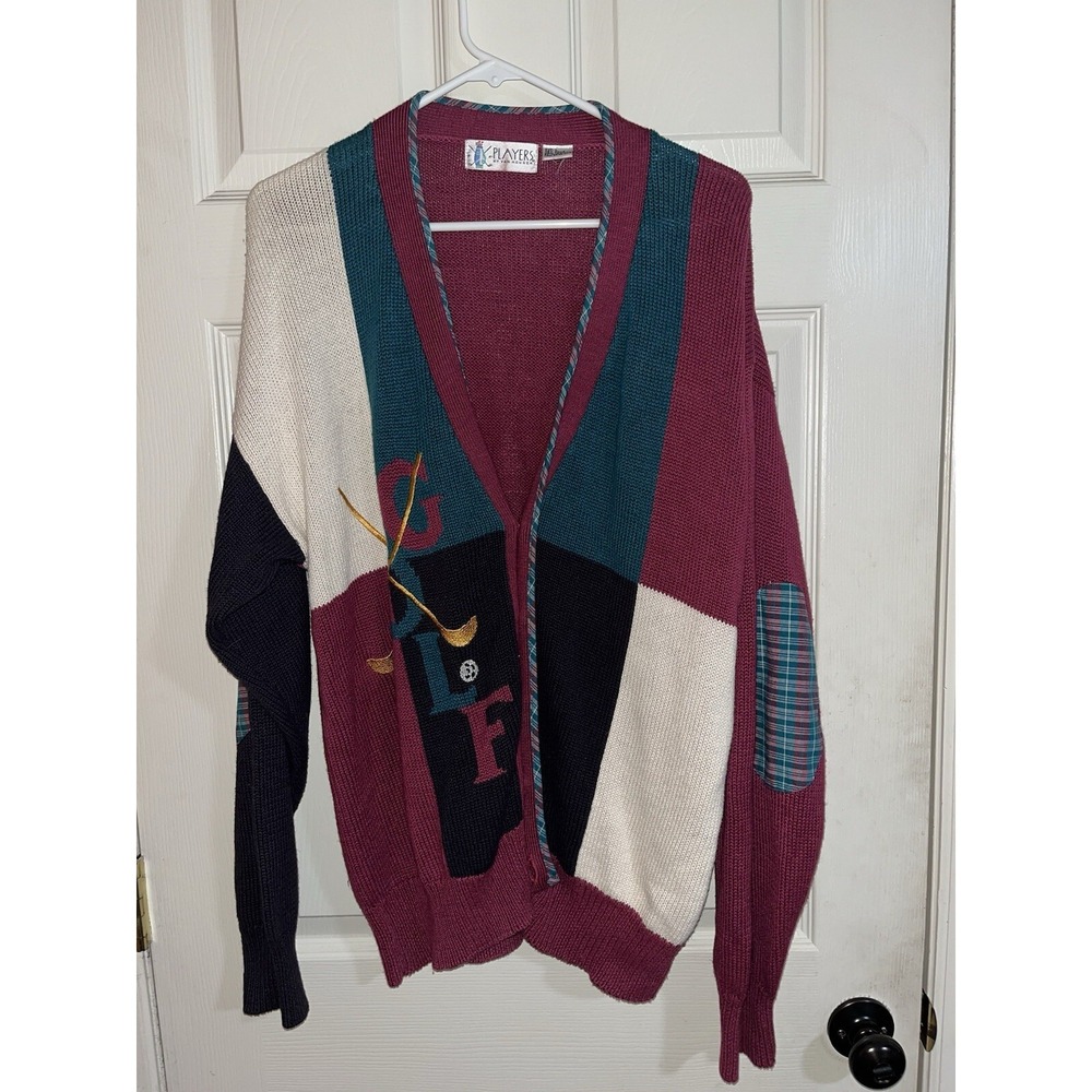 Vtg. Players Van Huesen Golf Cardigan , Patched Elbows , Embroidered Ramie Blend
